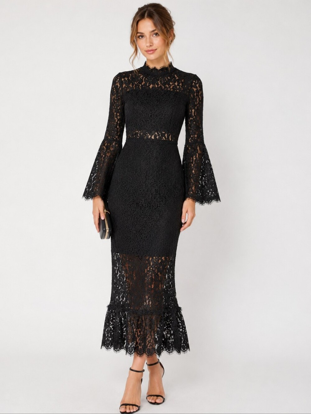 Endless Rose Black Floral Lace Midi Dress XS Bell Sleeve Romantic Gothic
